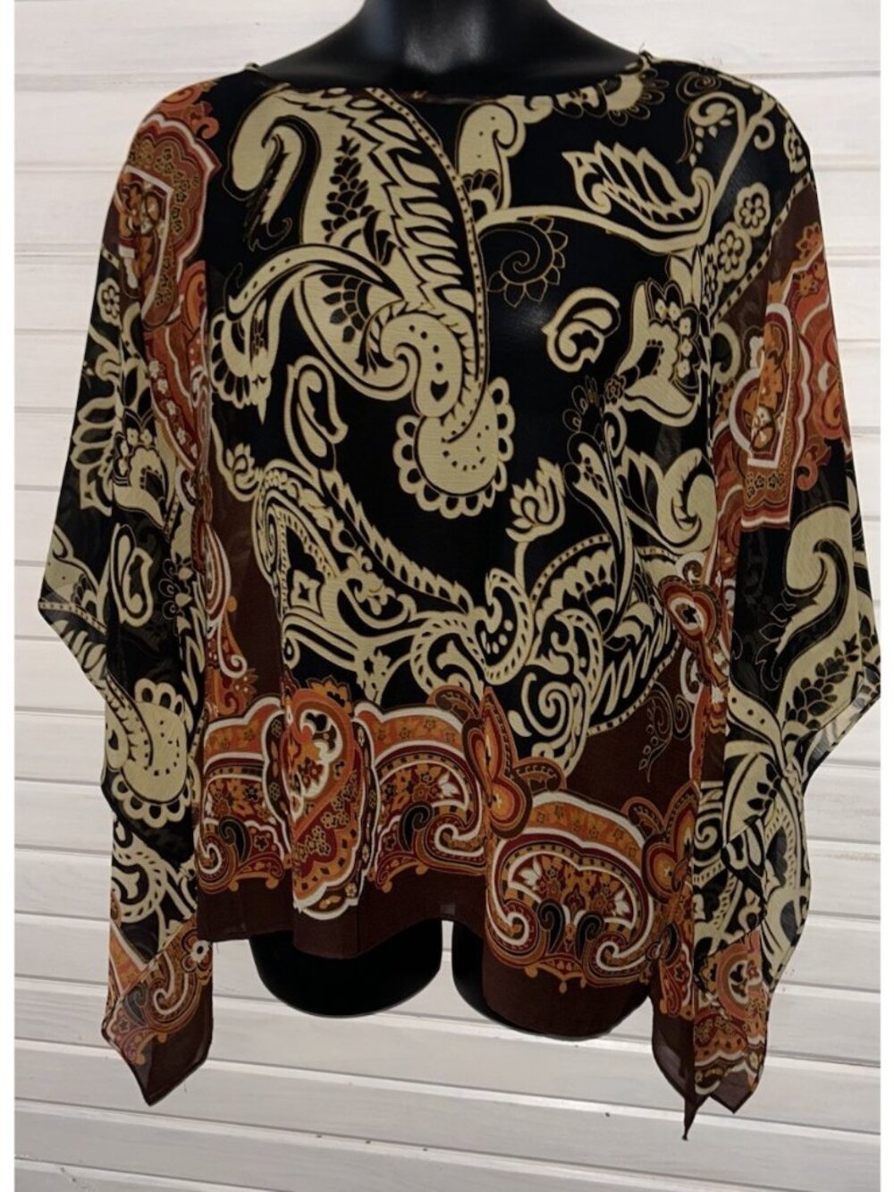 Susan Graver Sz 2X PLUS Brown Paisley Poly Chiffon Scarf Print Top Tunic EUC